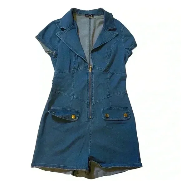VGT Fashion Nova Women's Denim Zip Up Short Jumpsuit with 2 Front Pockets M - Picture 4 of 16